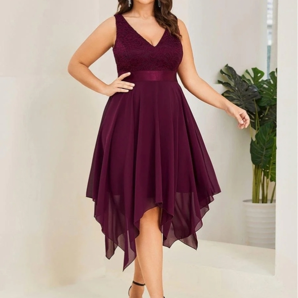 V-Neck Burgundy Handkerchief Hem Dress